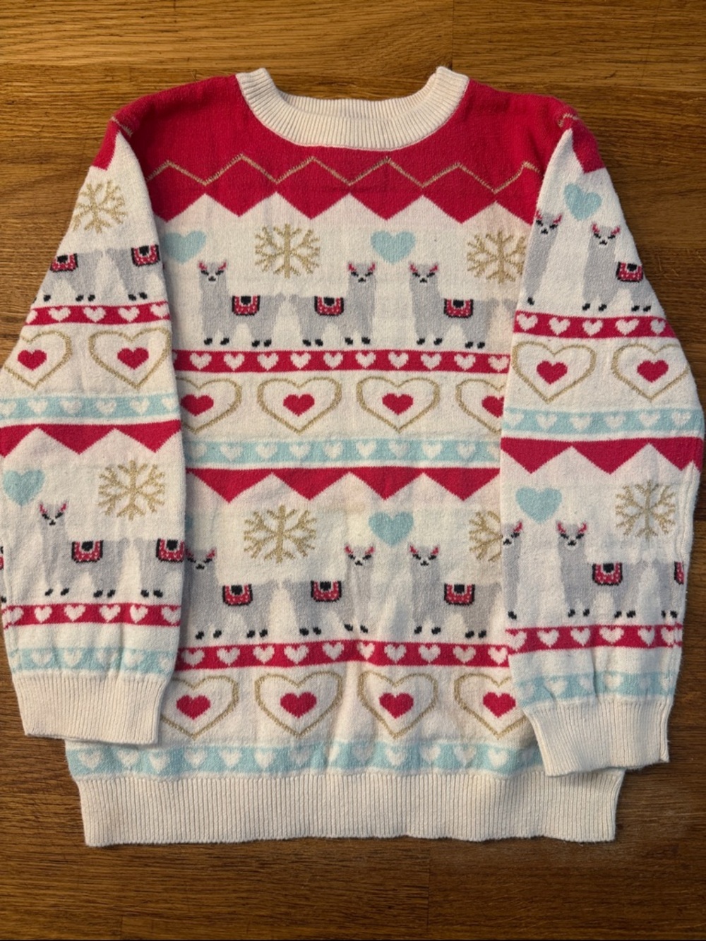 Andy & Evan White Crewneck Sweater with Pink, Light Blue & Gold Llama Fair Isle